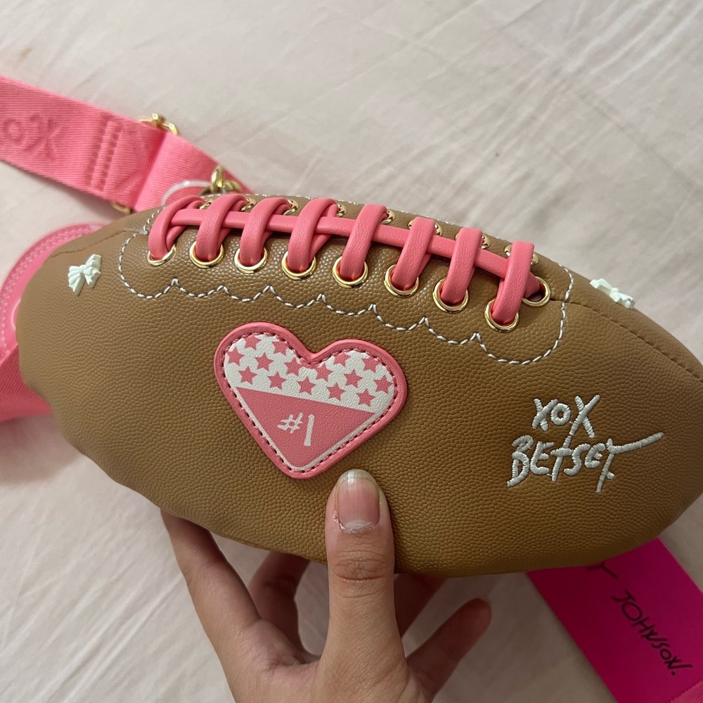 Betsey Johnson Pink and Brown Game Day Coquette Football Crossbody Bag - Picture 3 of 7